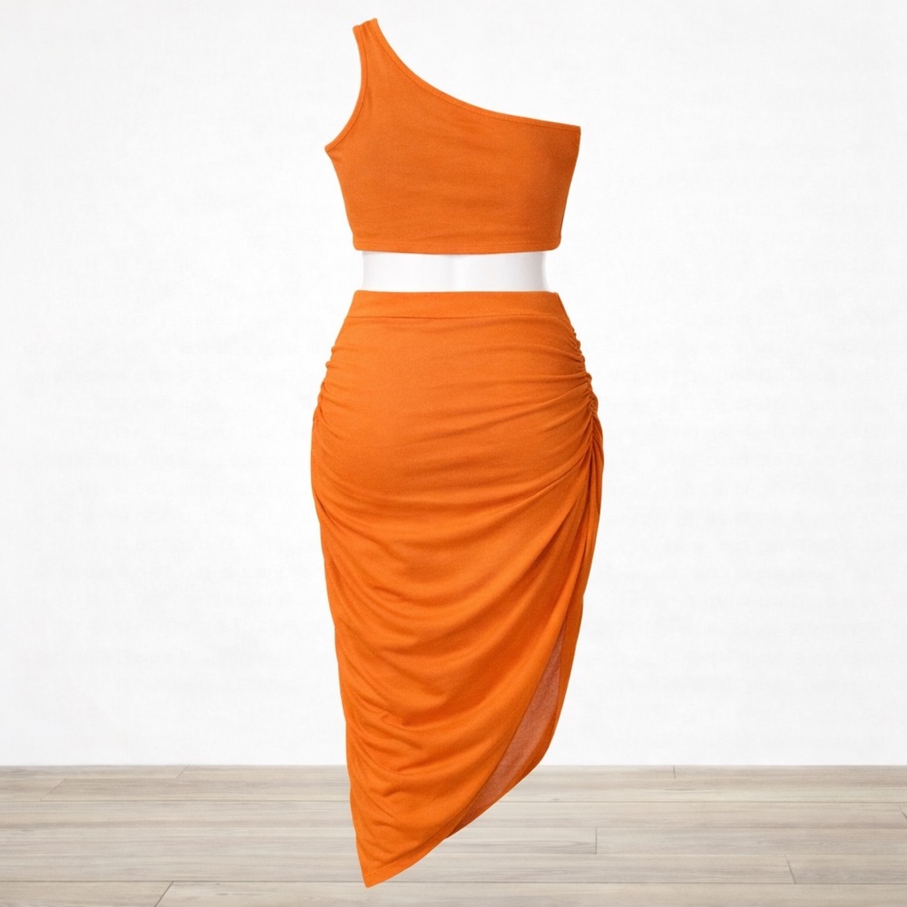 SHEIN BAE Orange Ruched 2 Piece Skirt Set Plus Size 1XL - Picture 3 of 6